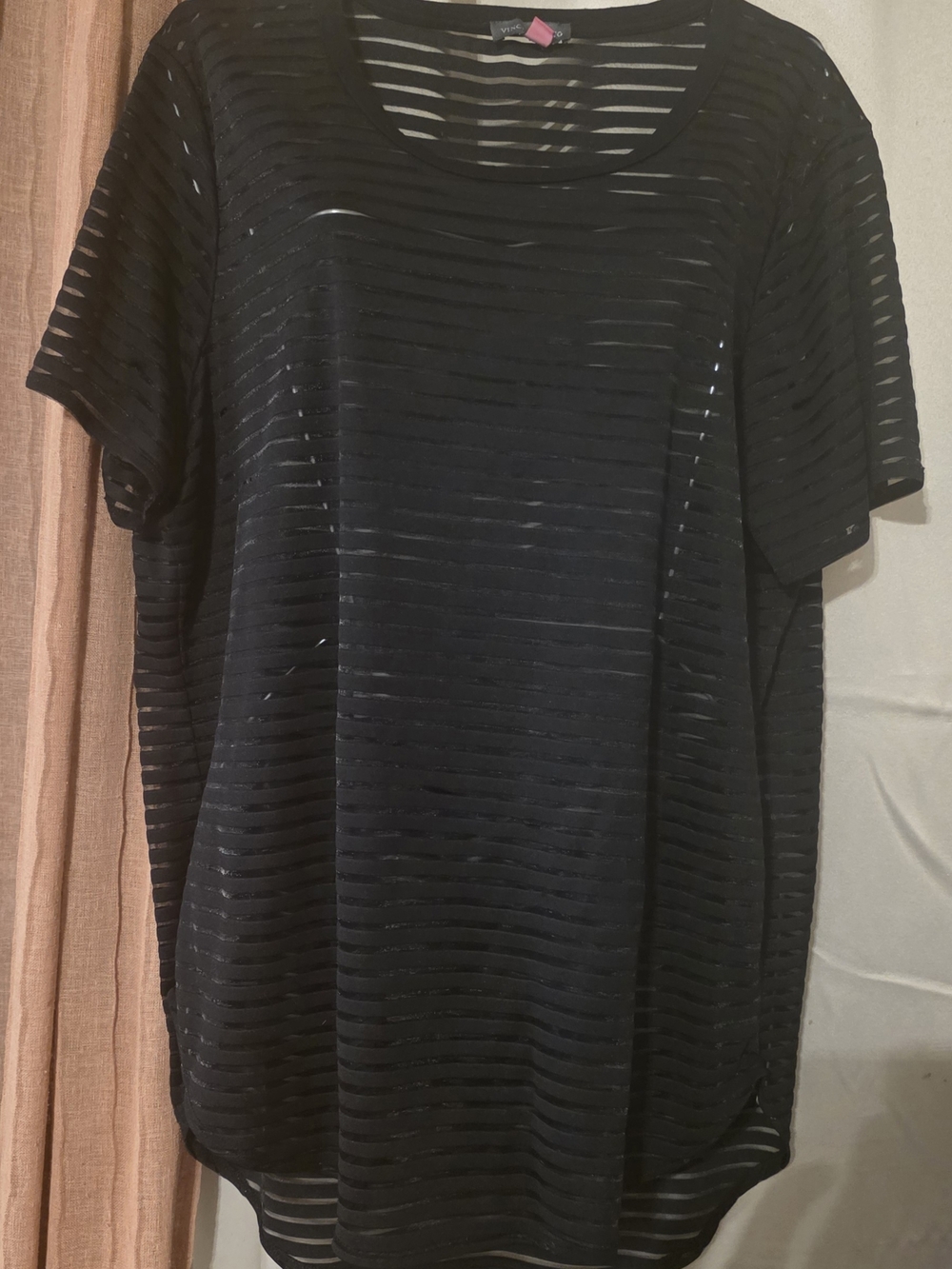 Vince Camuto Black Sheer-Stripe Short Sleeve Top